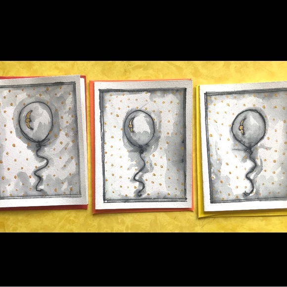 Painted Balloon Card Set of 3. Blank Inside. Pen, Ink, Paint. NWT - Picture 3 of 5